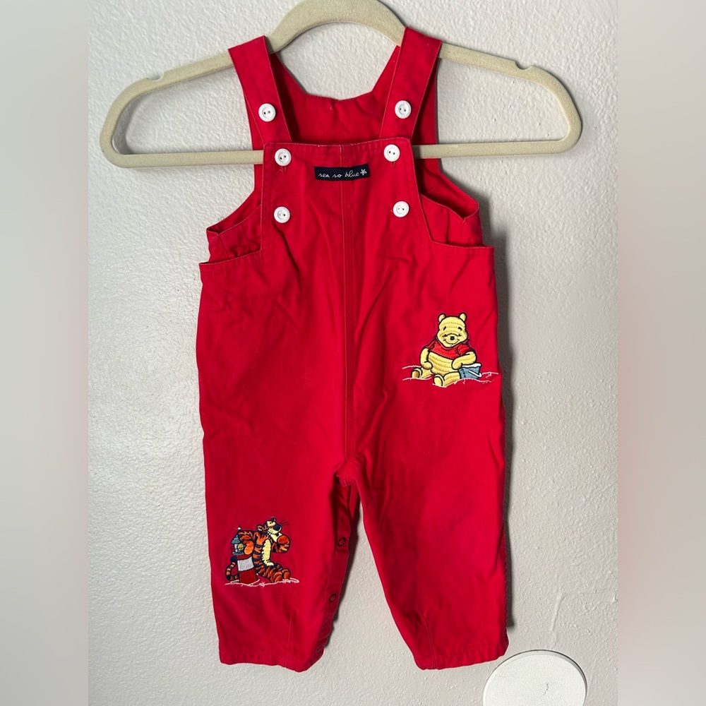 Vintage Disney Story 90s Red Overalls Size 9-12 Months Winnie The Pooh & Tigger